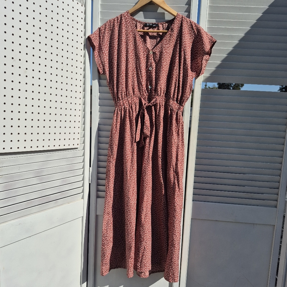 Women's Rust Red Printed Button-Front Midi Dress